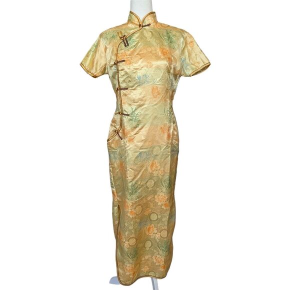 Visifushi Dresses & Skirts - Visifushi XXXL Womens Gold Yellow Floral Chinese Cheongsam Maxi Dress Size 44